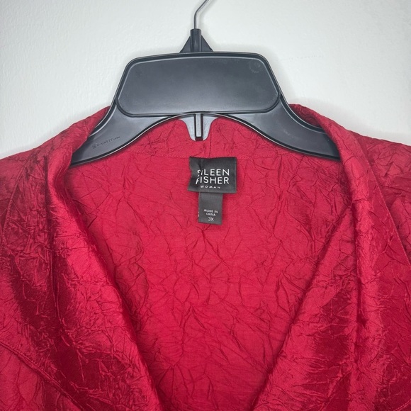 Eileen Fisher Red Silk Crinkled Button Up Tunic Lightweight Jacket - Picture 2 of 7
